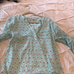 Carve Designs Teal and Red Geometric Top